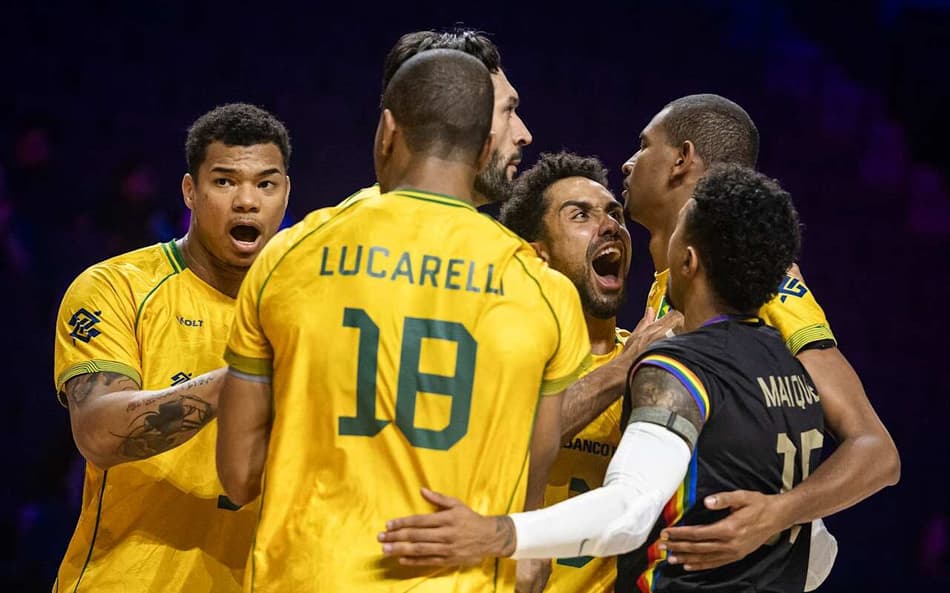 Jogadores da Seleção Brasileira comemoram ponto contra a China na Liga das Nações 2026