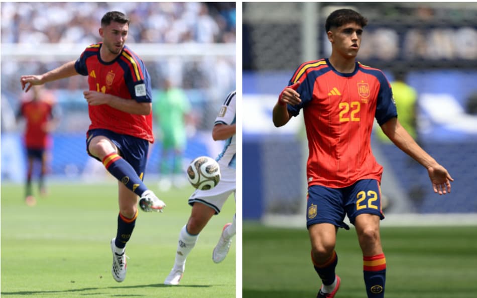 Montagem com Pau Cubarsí e Aymeric Laporte, da Espanha.