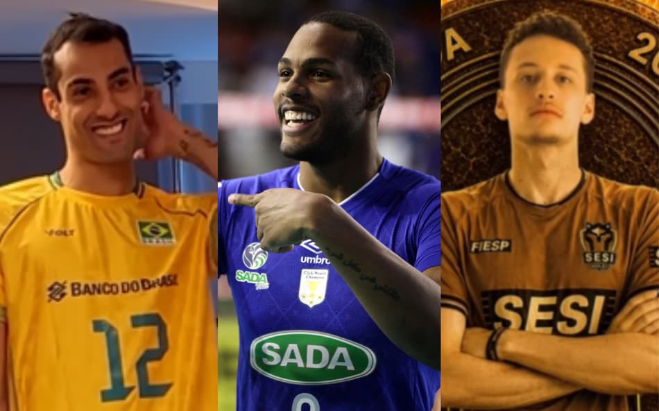À esquerda, Douglas Souza, com a camisa da Seleção Brasileira, sorri e leva a mão esquerda à nuca durante media day; no centro, Leal, com a camisa azul do Cruzeiro, sorridente, estende o dedo indicador esquerdo; à direita, arte de Samuel, de braços cruzados e expressão séria, com a camisa do Sesi Bauru