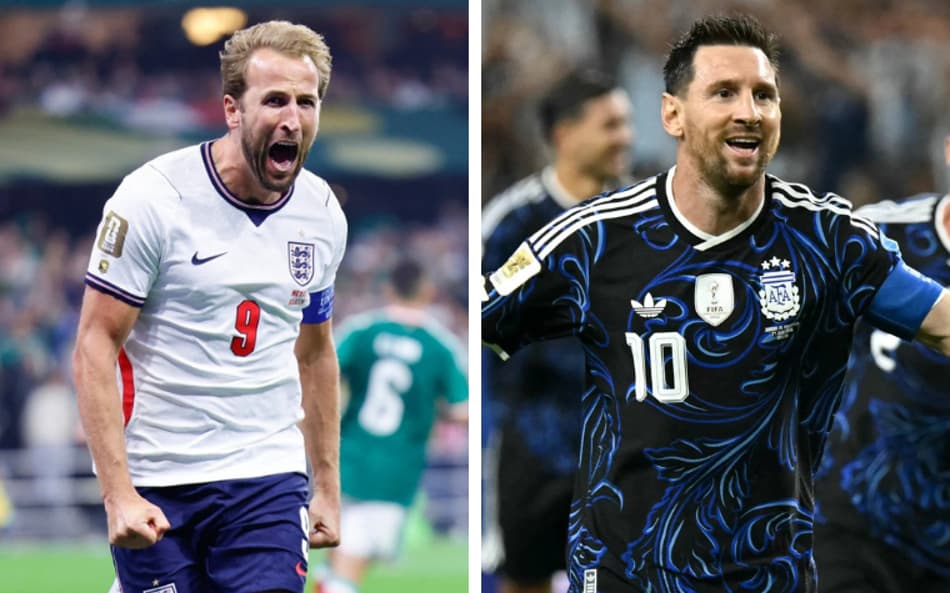 Montagem com Harry Kane, com a camisa branca da Inglaterra, e Lionel Messi, com a camisa reserva azul-marinho da Argentina, comemorando seus gols.