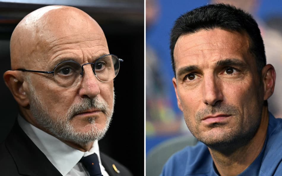 O técnico da Argentina, Lionel Scaloni (dir.), e o técnico da Espanha, Luis de la Fuente, antes da final da Copa do Mundo de 2026