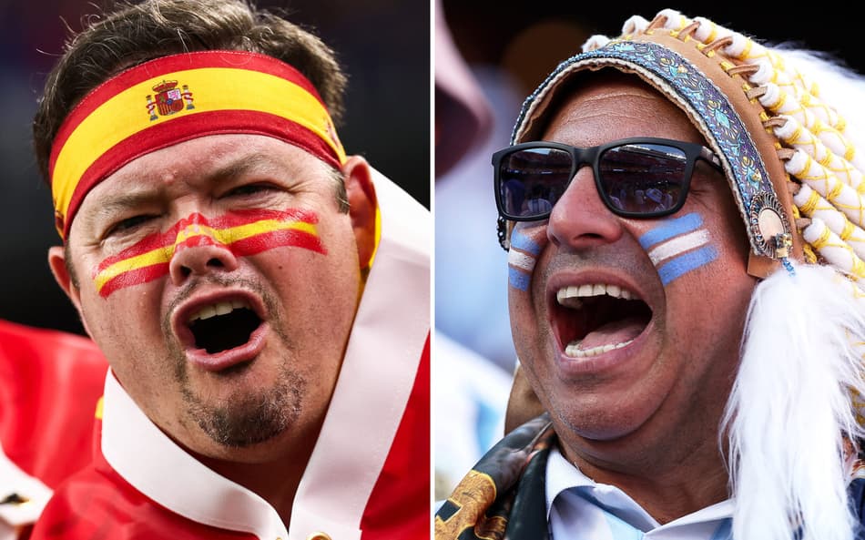Torcedores de Espanha (à esquerda) e Argentina antes da final da Copa do Mundo de 2026, disputada no MetLife Stadium, em East Rutherford, nos Estados Unidos