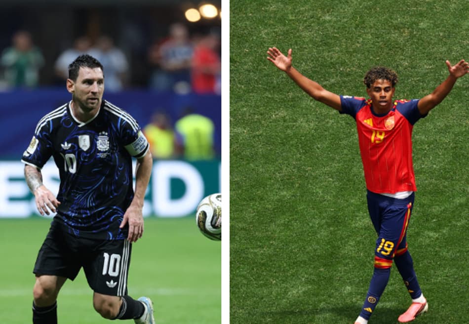 Messi (à esquerda) em ação com a bola na vitória da Argentina sobre a Inglaterra; e Yamal (à direita) na partida entre Espanha e Áustria, ambos pela Copa do Mundo.