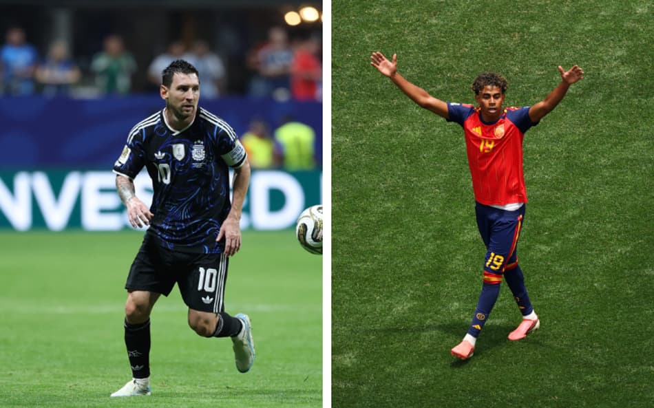 Messi (à esquerda) em ação com a bola na vitória da Argentina sobre a Inglaterra; e Yamal (à direita) na partida entre Espanha e Áustria, ambos pela Copa do Mundo.