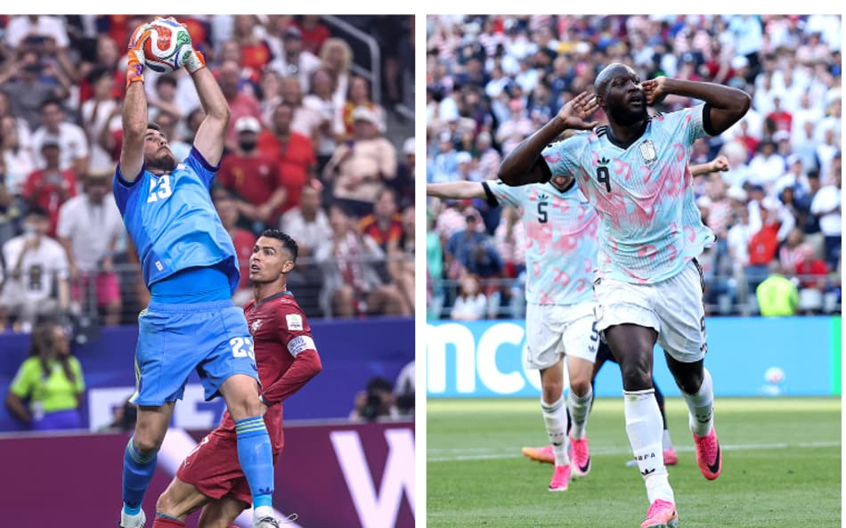 Unai Simón agarra a bola à frente do atacante português Cristiano Ronaldo durante a partida das oitavas de final da Copa do Mundo entre Portugal e Espanha; e Romelu Lukaku, da Bélgica, comemora o quarto gol de sua equipe durante a partida das oitavas de final da Copa do Mundo entre EUA e Bélgica.