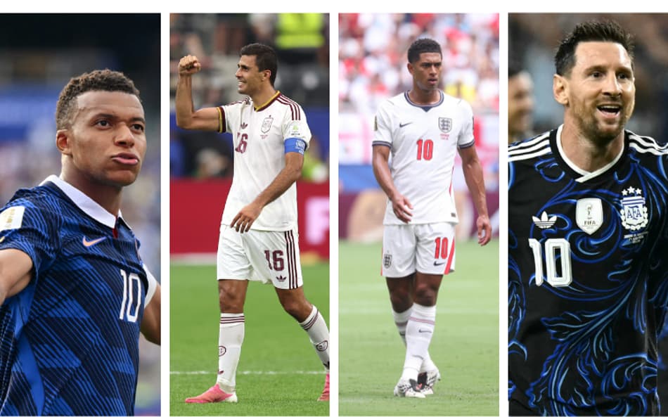 Mbappé com o primeiro uniforme da França (azul-marinho); Rodri com o segundo uniforme da Espanha (off-white); Bellingham com o primeiro uniforme da Inglaterra (branco); e Messi com o segundo uniforme da Argentina (azul-marinho)