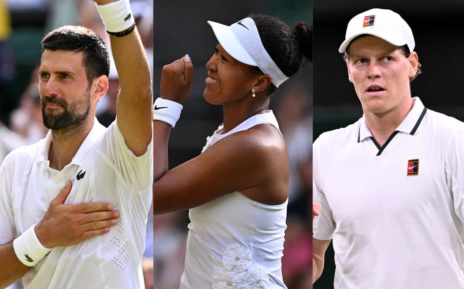 À esquerda, Djokovic levanta o braço esquerdo em sinal de agradecimento à torcida; no centro, Naomi Osaka, sorridente, comemora ponto com a mão esquerda fechada; à direita, Sinner, sério, demonstra concentração