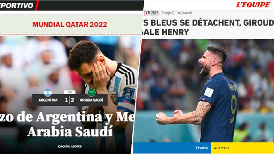 “Baque argentino” e “Giroud iguala Henry”: imprensa internacional repercute jogos de terça-feira da Copa do Mundo