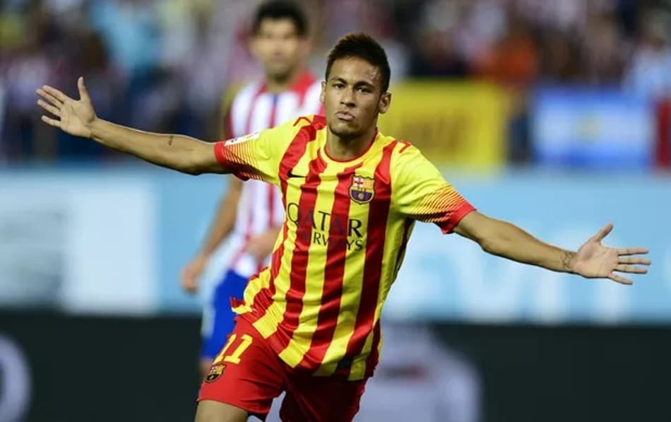 Neymar comemorando seu primeiro gol pelo Barça, contra o Atlético de Madrid