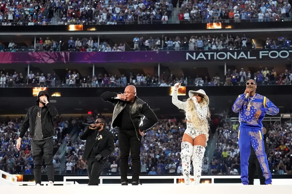 dr. dre, snoop dogg, mary j. blige, kendrick lamar e eminem super bowl