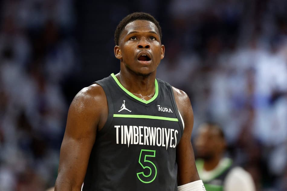 MINNEAPOLIS, MINNESOTA - MAY 30: Anthony Edwards #5 of the Minnesota Timberwolves looks on during the first quarter against the Dallas Mavericks in Game Five of the Western Conference Finals at Target Center on May 30, 2024 in Minneapolis, Minnesota. NOTE TO USER: User expressly acknowledges and agrees that, by downloading and or using this photograph, User is consenting to the terms and conditions of the Getty Images License Agreement. David Berding/Getty Images/AFP (Photo by David Berding / GETTY IMAGES NORTH AMERICA / Getty Images via AFP)