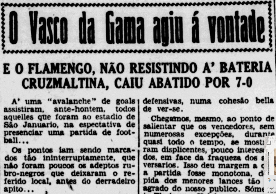 Vasco 7 x 0 Flamengo (Campeonato Carioca) – 26/04/1931 (Foto: Reprodução / X)