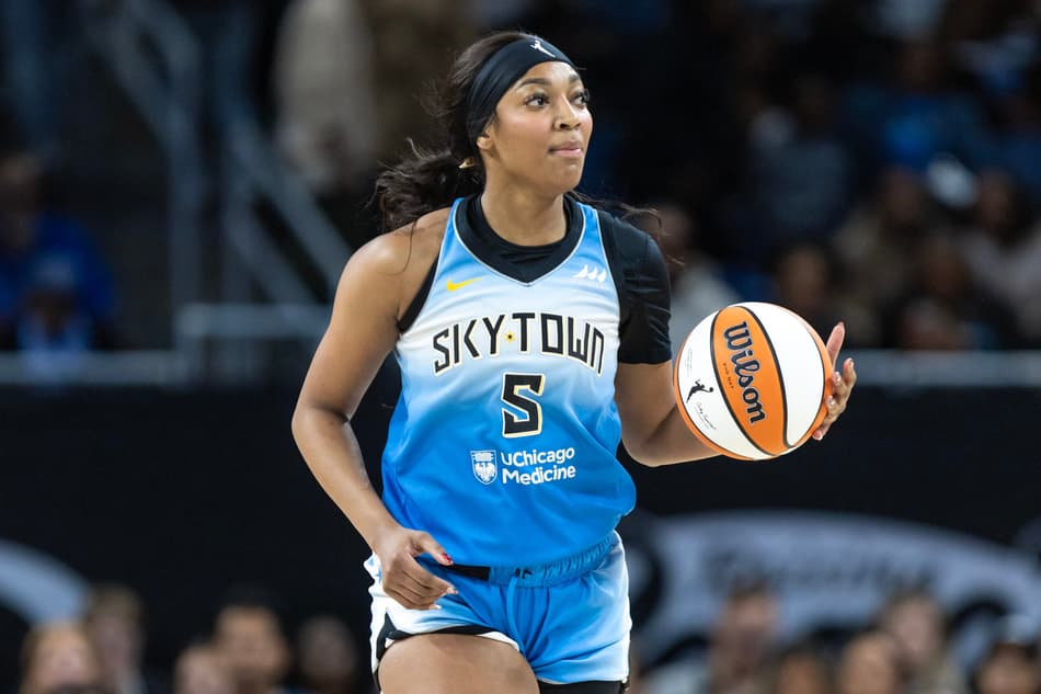 CHICAGO, ILLINOIS - SEPTEMBER 6: Angel Reese #5 of the Chicago Sky dribbles down the court against the Los Angeles Sparks during the first quarter at Wintrust Arena on September 6, 2024 in Chicago, Illinois. NOTE TO USER: User expressly acknowledges and agrees that, by downloading and or using this photograph, User is consenting to the terms and conditions of the Getty Images License Agreement. Geoff Stellfox/Getty Images/AFP (Photo by Geoff Stellfox / GETTY IMAGES NORTH AMERICA / Getty Images via AFP)