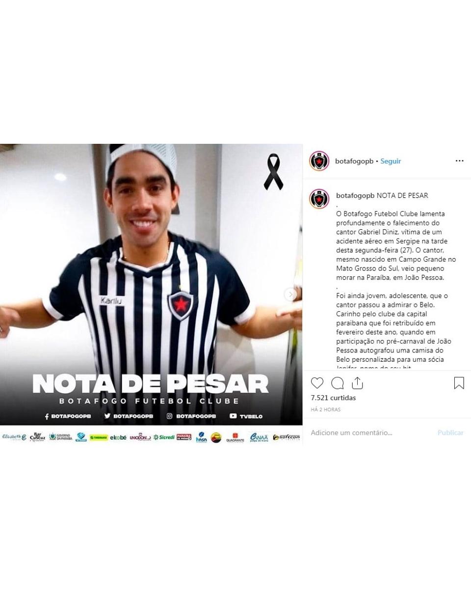 Botafogo-PB e CSA lamentam morte do cantor Gabriel Diniz - Lance!