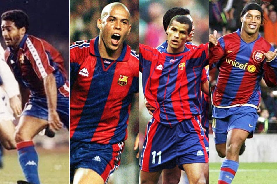 Montagem - Romário, Ronaldo fenômeno, Rivaldo e Ronaldinho gaúcho com a camisa do barcelona.