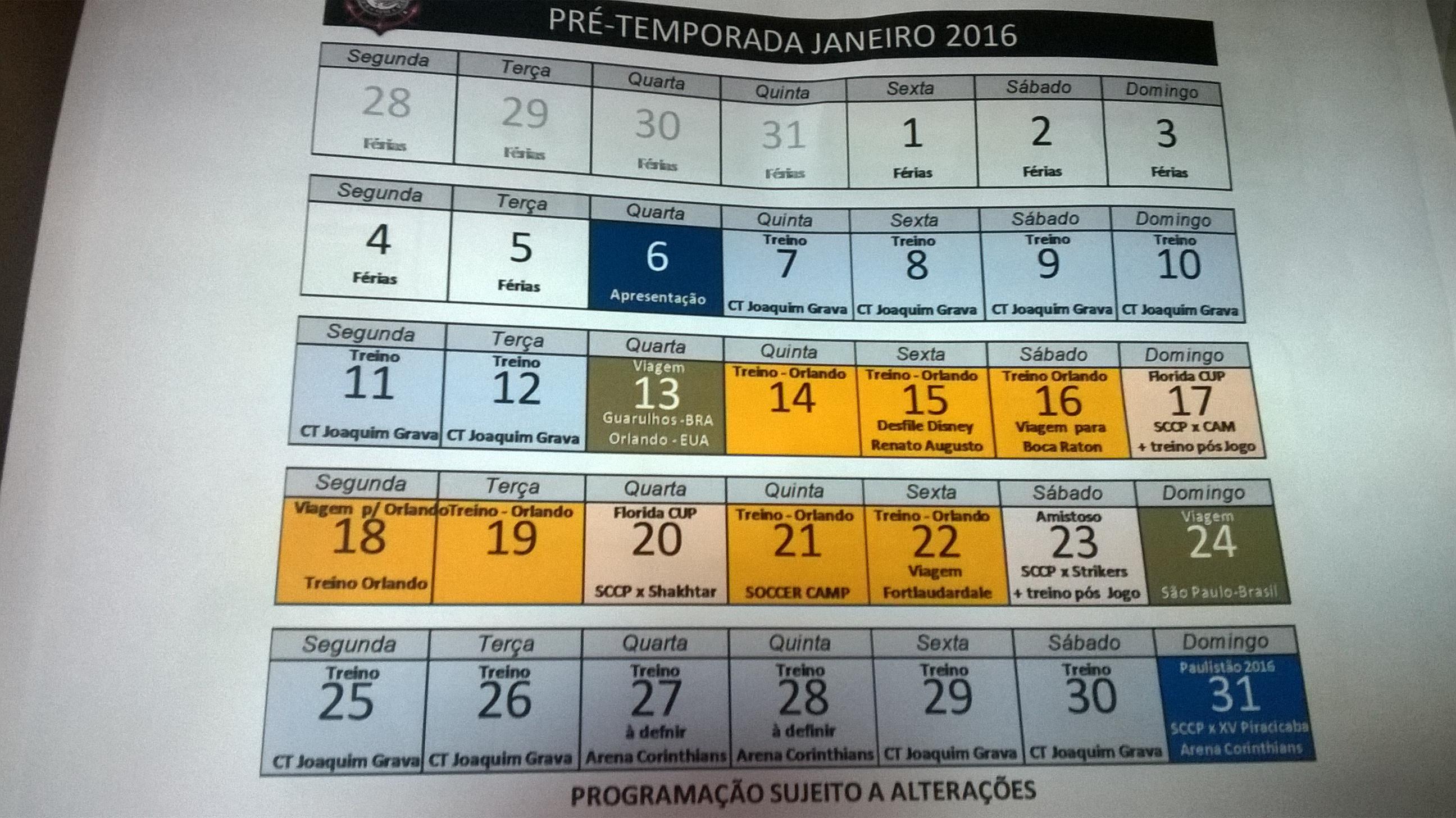 Programação do Timão para janeiro de 2016