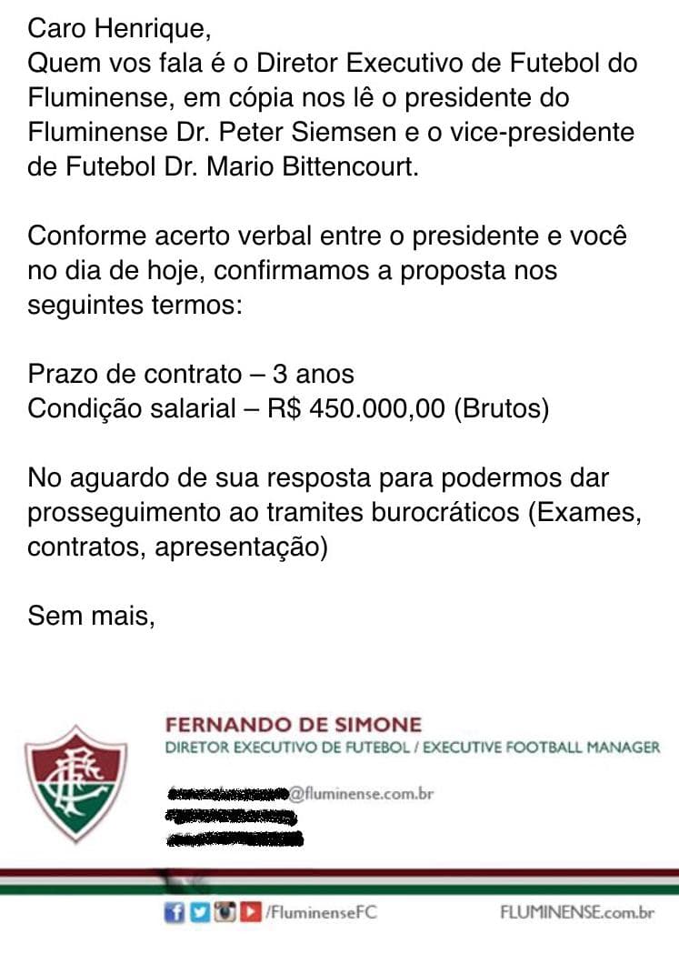 Proposta do Fluminense enviada para o zagueiro Henrique e obtida pelo LANCE! (Foto: Reprodução)