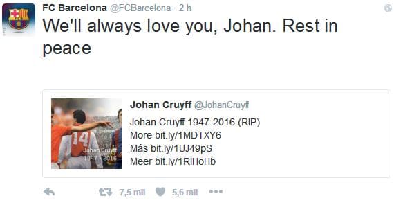 Tuíte do Barcelona em homenagem a Cruyff (Foto: Reprodução/Twitter)
