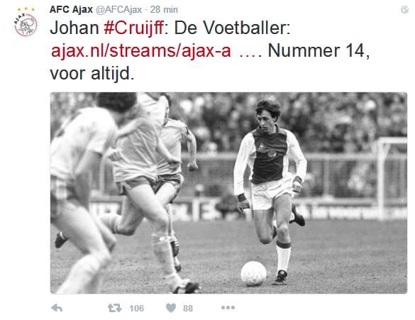 Tuíte do Ajax em homenagem a Cruyff (Foto: Reprodução/Twitter)