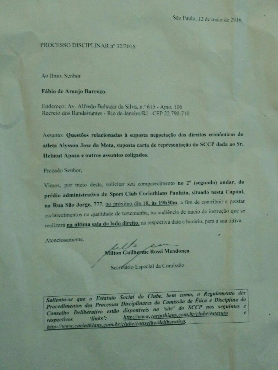 Carta convidando Fábio Barrozo a depor esta noite (Foto: Reprodução)