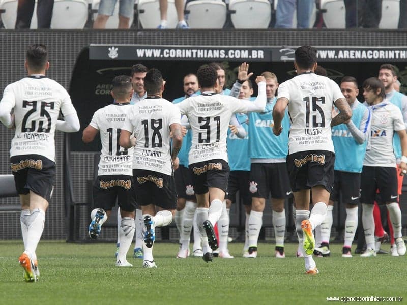 Elenco do Corinthians comemorando gol sobre a Ponte Preta (Foto: Daniel Augusto Jr/Ag.Corinthians)
