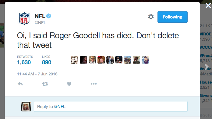Falso tweet referente à morte de Goodell foi publicado nessa terça (Foto: Reprodução)