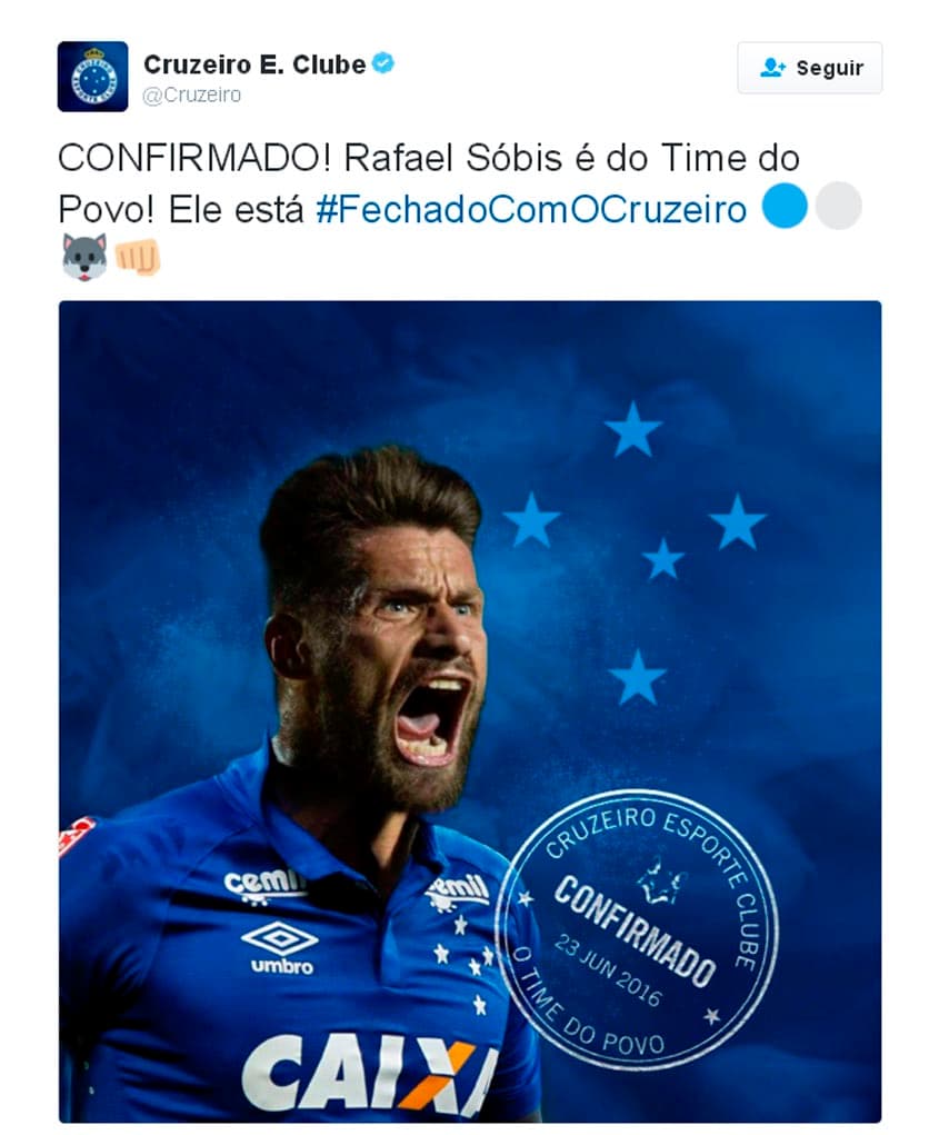 Rafael Sóbis é confirmado para o Cruzeiro