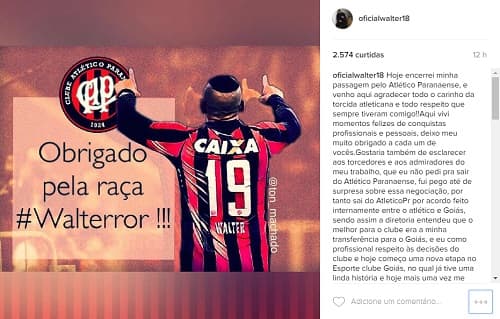 Walter se despede do Atlético Paranaense nas redes sociais