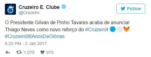 Thiago Neves twitter Cruzeiro (Foto: Reprodução / Twitter)