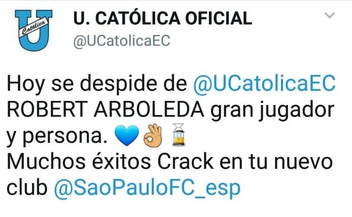 Católica se despediu de Arboleda (foto: Reprodução/Twitter)