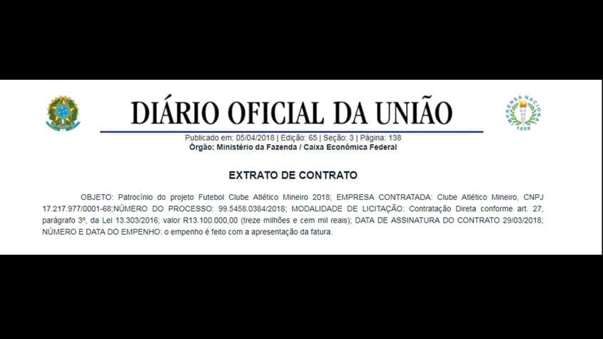 Diário Oficial da União publicou o acordo de patrocínio entre a Caixa e o Atlético-MG