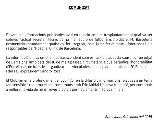 Comunicado do Barcelona sobre o caso da compra ilegal de um fígado pelo ex-presidente Sandro Rosell