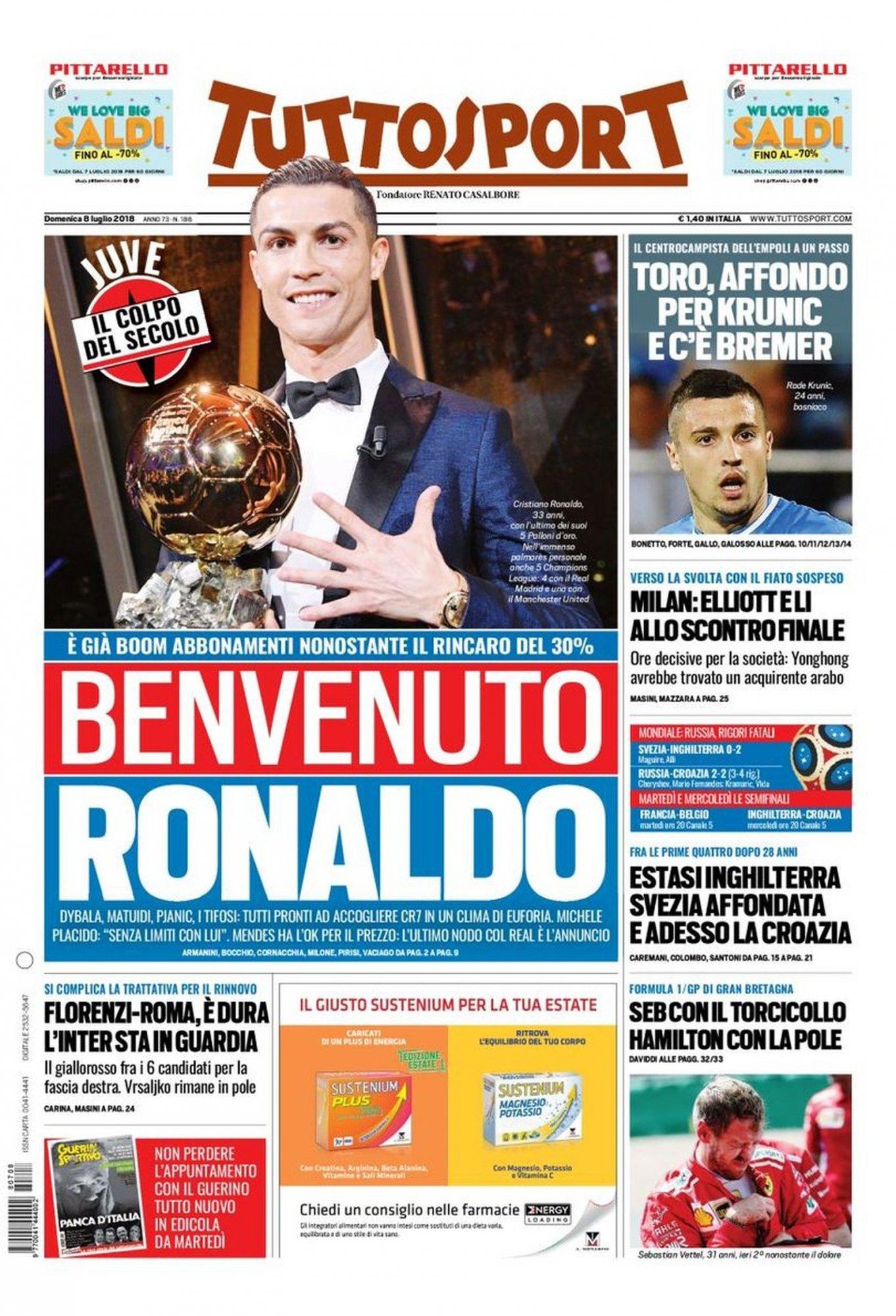 Capa do 'TuttoSport' dá as boas vindas a Cristiano Ronaldo