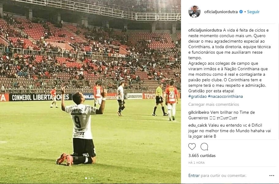 Júnior Dutra publica mensagem de despedida do Corinthians