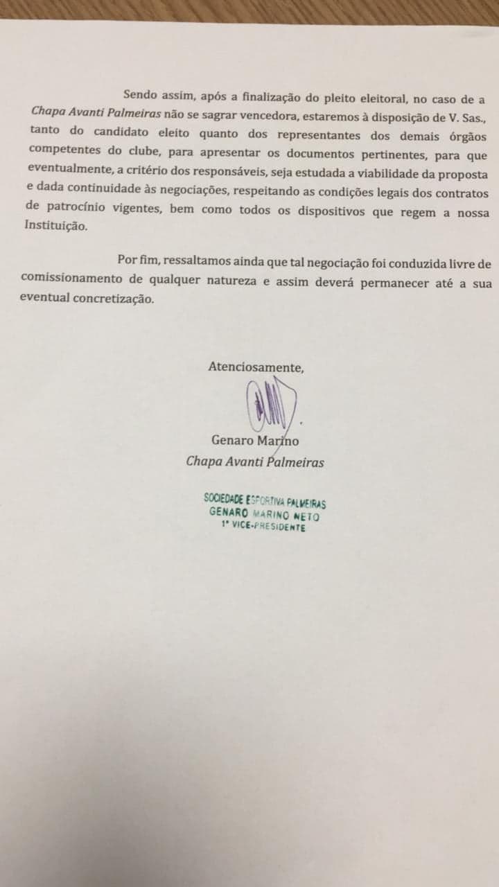 Oposição do Palmeiras protocolou carta com intenção de patrocínio