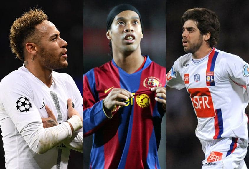 Montagem - Neymar (PSG), Ronaldinho Gaúcho (Barcelona) e Juninho Pernambucano (Lyon)