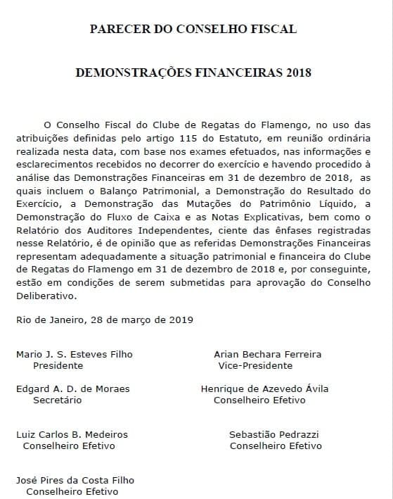 Parecer Conselho Fiscal Flamengo - balanço 2018