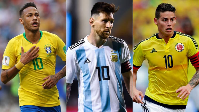 Montagem - Neymar (Seleção Brasileira), Messi (Argentina) e James (Colômbia).