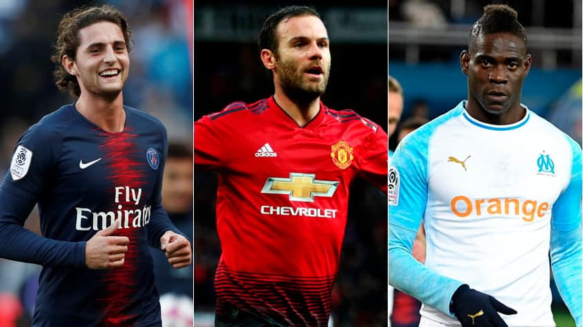Montagem - Adrien Rabiot (PSG), Juan Mata (Manchester United) e Balotelli (Olympique de Marselha)