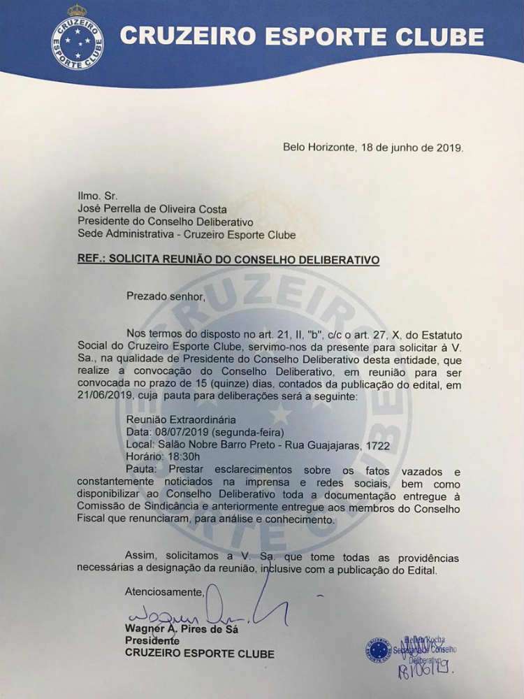 Em carta direcionada ao presidente do Conselho Deliberativo, Zezé Perrella, Pires de Sá pede reunião para esclarecimentos