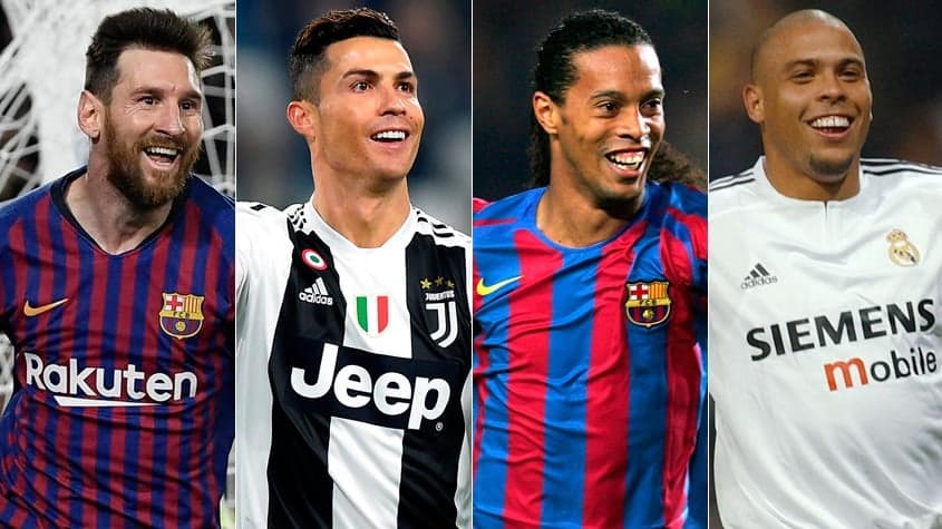 Montagem - Messi, Cristiano Ronaldo, Ronaldo e Ronaldinho Gaúcho