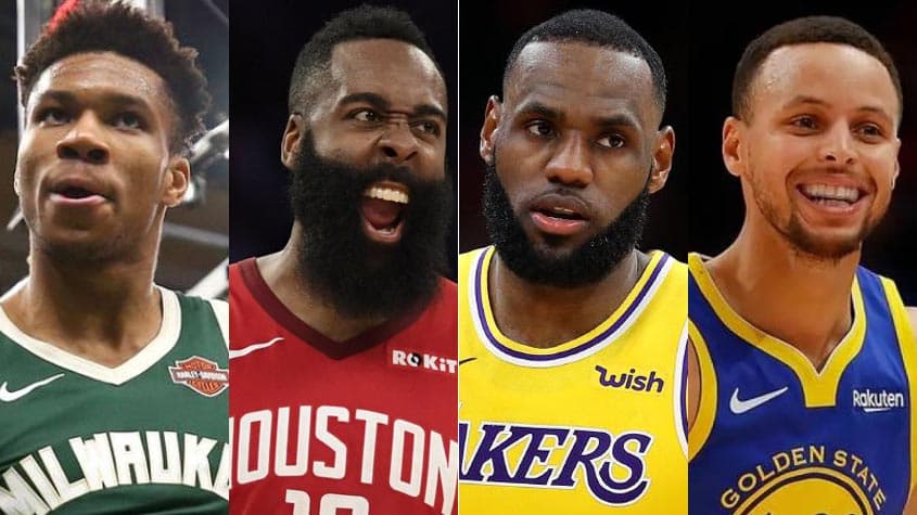 Montagem - Giannis Antetokounmpo (Milwaukee Bucks), James Harden (Houston Rockets), LeBron James (Lakers) e Stephen Curry (Golden State Warriors)