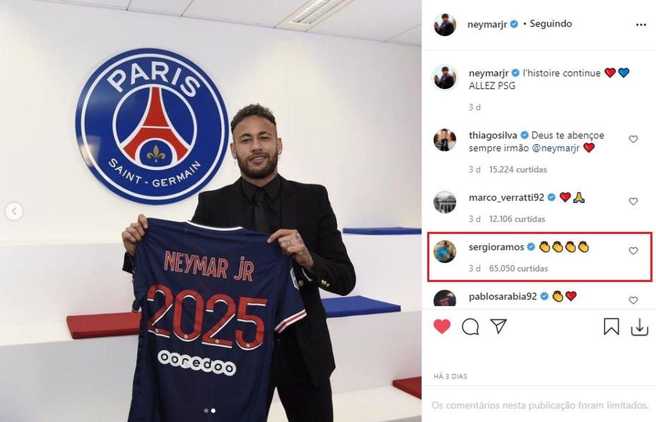 Sergio Ramos comentando na foto de Neymar no Instagram
