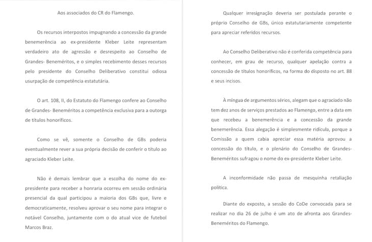 Flamengo divulgam manifesto contrário ao julgamento