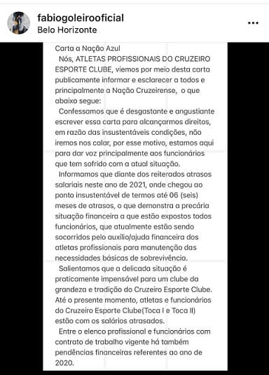 Fábio fez a carta e a colocou no seu Instagram