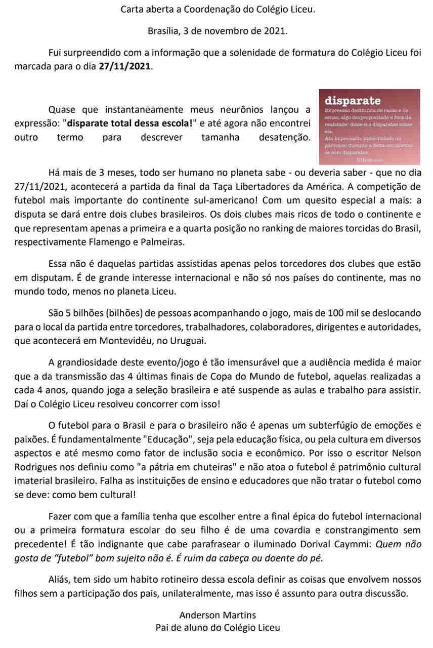 Carta colégio final Libertadores