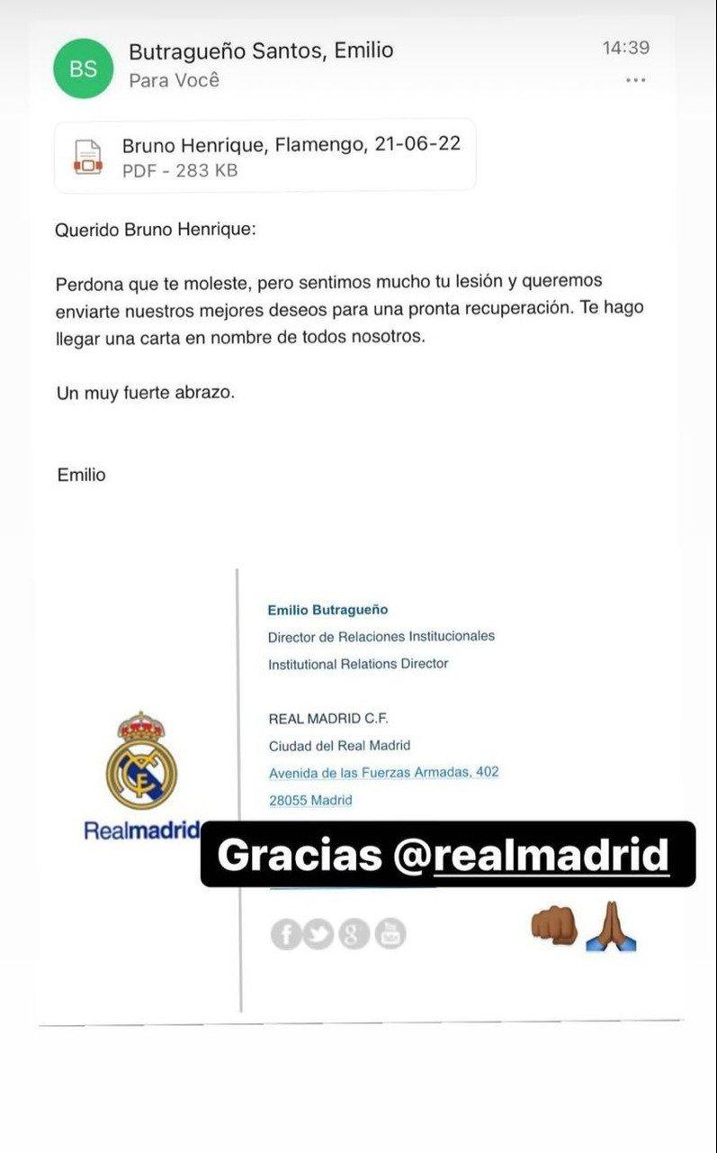 Carta do Real Madrid a Bruno Henrique