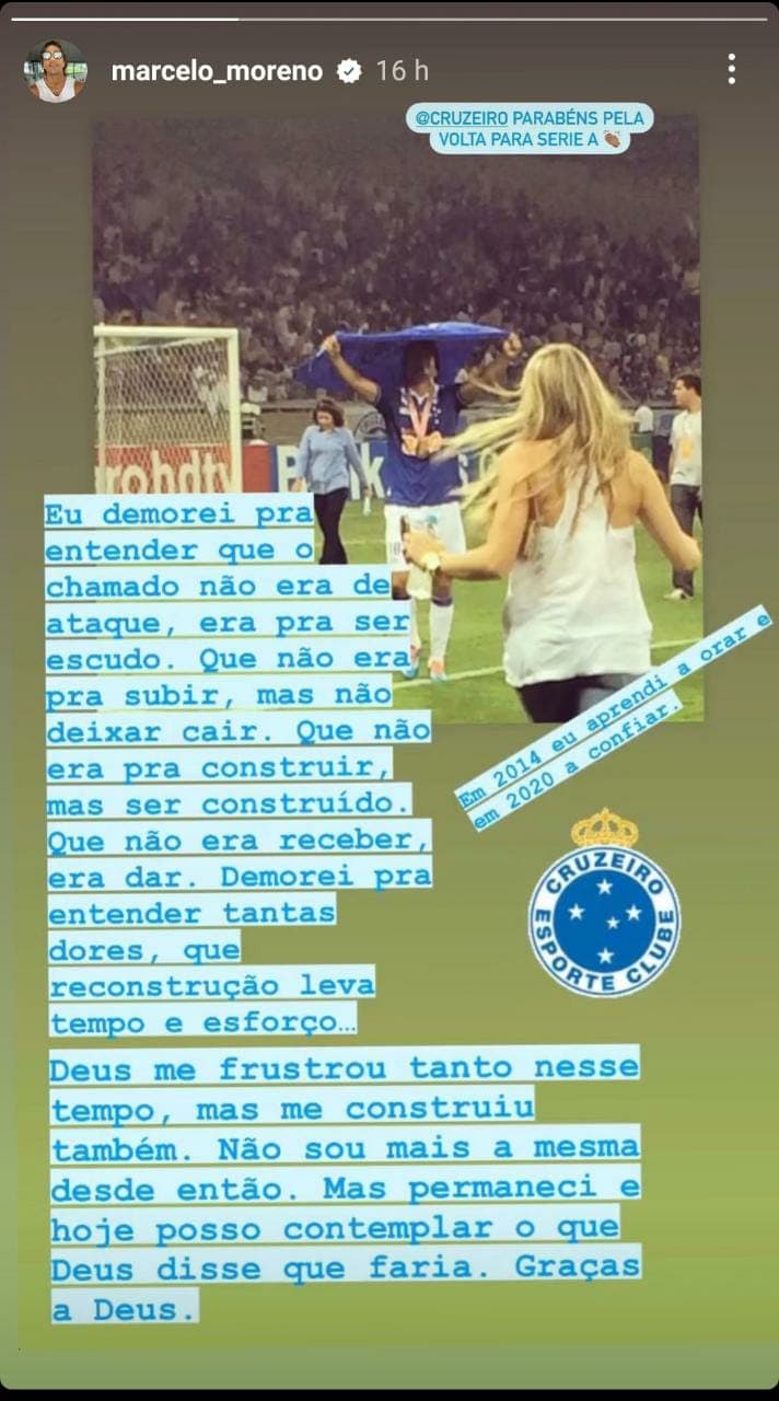 Marcelo Moreno em mensagem para o Cruzeiro no Instagram