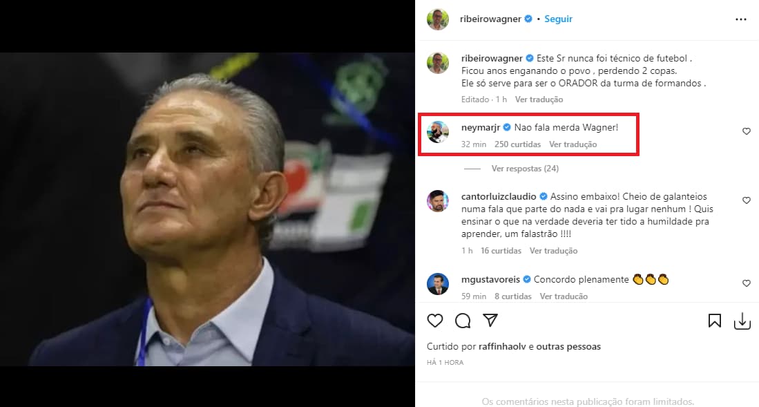 Publicação de Wagner Ribeiro, ex-empresário de Neymar, criticando Tite
