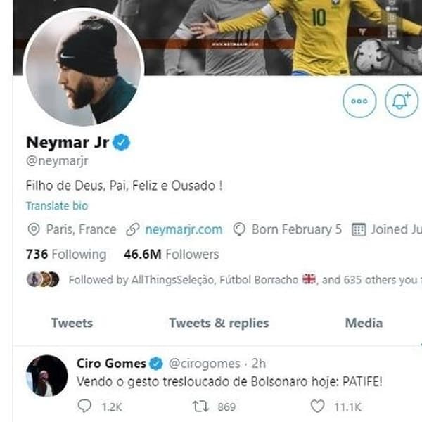 Perfil de Neymar no Twitter curte postagem contra Bolsonaro Lance